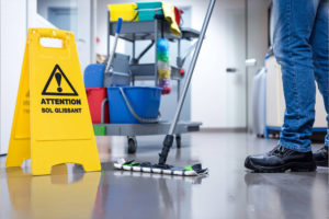 Pest control worker in protective suit spraying insecticide on furniture indoors